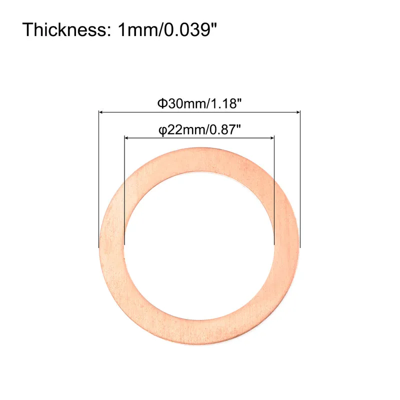 12 Pcs Flat Copper Washers 22x30x1mm Copper Flat Sealing Ring Washers