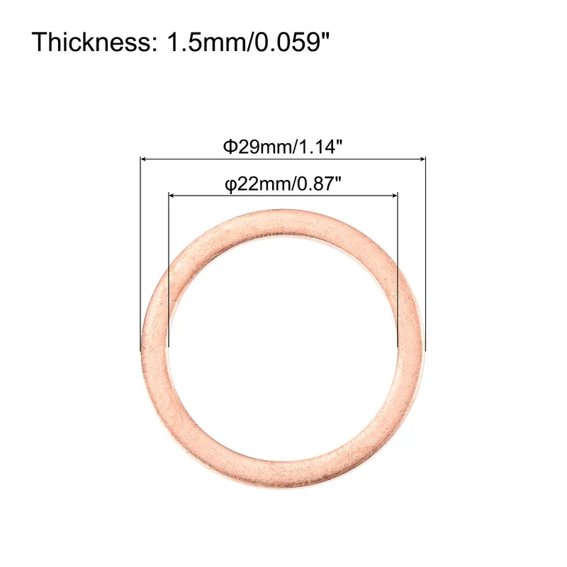 12 Pcs Flat Copper Washers 22x29x1.5mm Copper Flat Sealing Ring Washers