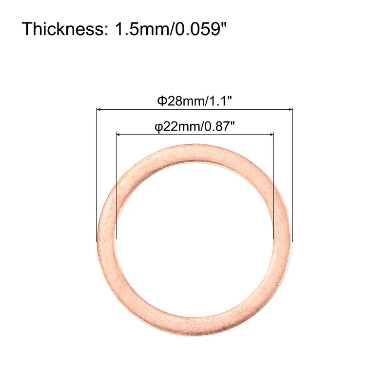 12 Pcs Flat Copper Washers 22x28x1.5mm Copper Flat Sealing Ring Washers
