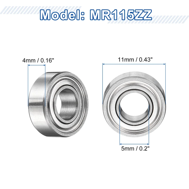 12Pcs MR115ZZ Deep Groove Ball Bearings, 5mm ID 11mm OD 4mm Width Bearing