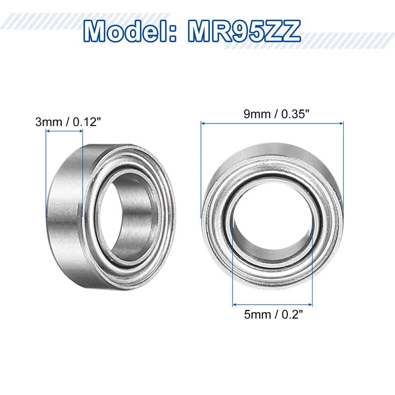 12Pcs MR95ZZ Deep Groove Ball Bearings, 5mm ID 9mm OD 3mm Width Bearing