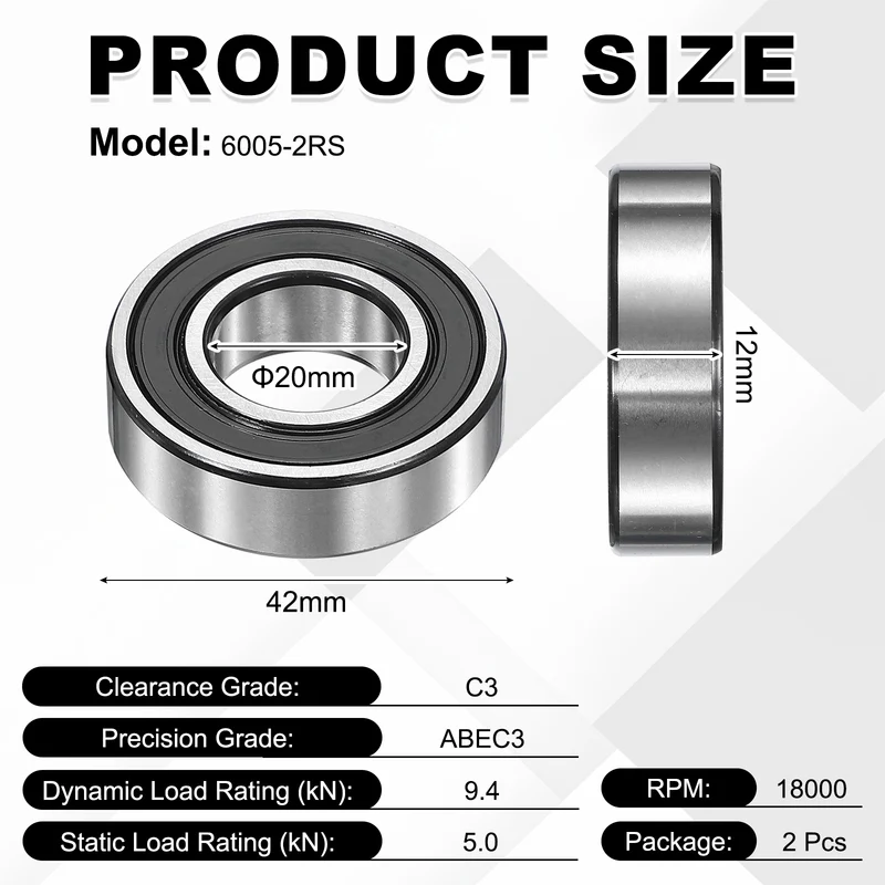 2Pcs 6004-2RS Deep Groove Ball Bearing, 20x42x12 mm Double Rubber Seal Bearing