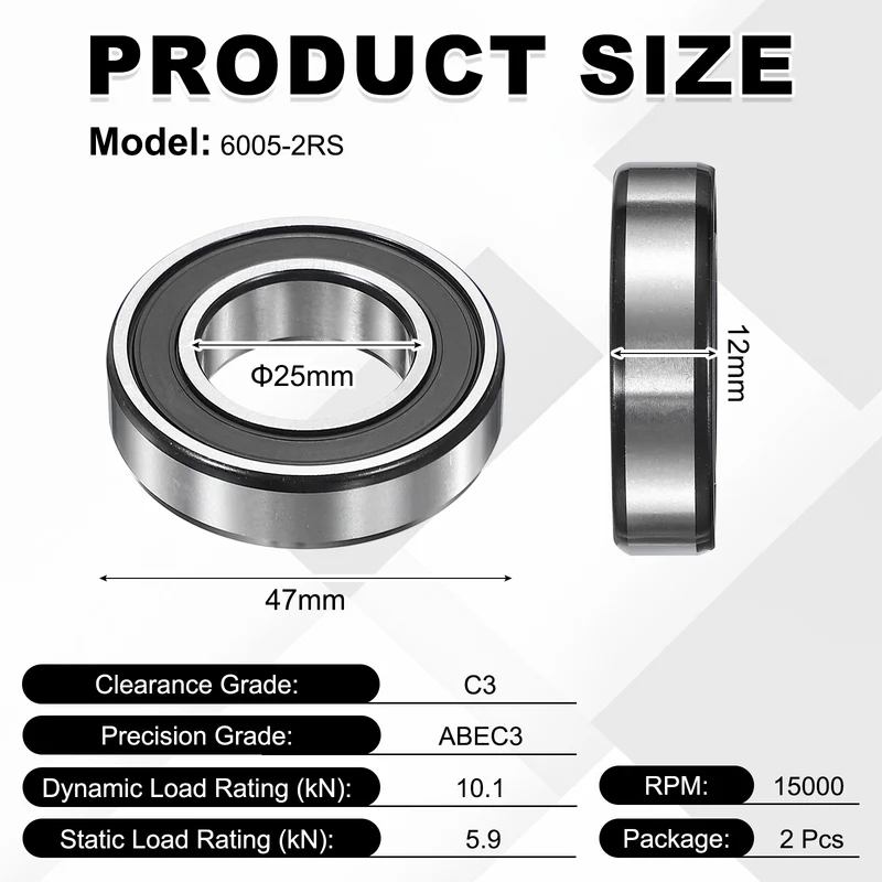 2Pcs 6005-2RS Deep Groove Ball Bearing, 25x47x12 mm Double Rubber Seal Bearing