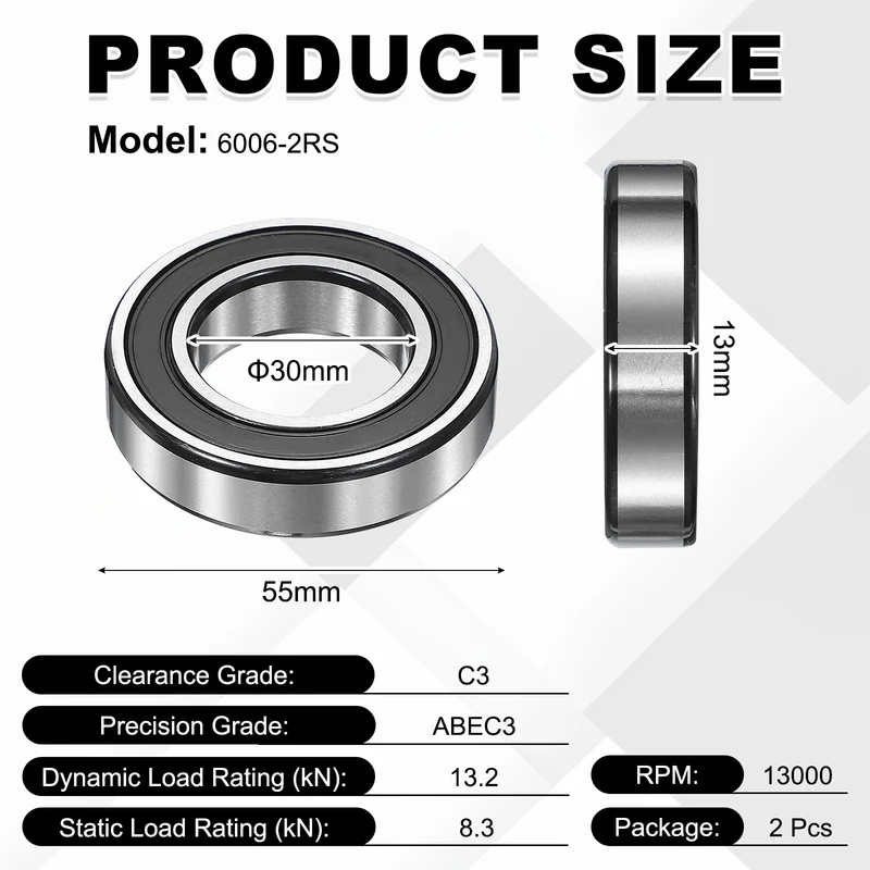 2Pcs 6006-2RS Deep Groove Ball Bearing, 30x55x13 mm Double Rubber Seal Bearing