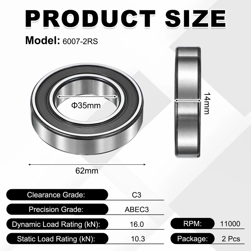 2Pcs 6007-2RS Deep Groove Ball Bearing, 35x62x14 mm Double Rubber Seal Bearing