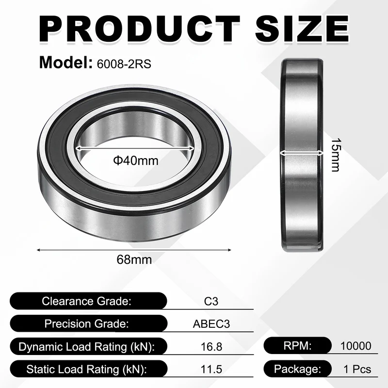 1Pcs 6008-2RS Deep Groove Ball Bearing, 40x68x15 mm Double Rubber Seal Bearing