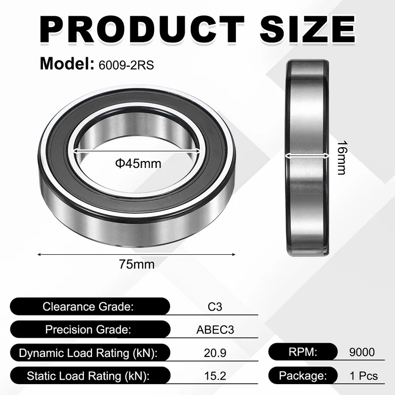 1Pcs 6009-2RS Deep Groove Ball Bearing, 45x75x16 mm Double Rubber Seal Bearing