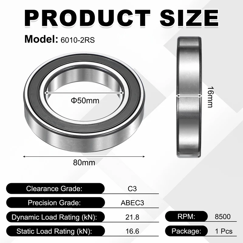 1Pcs 6010-2RS Deep Groove Ball Bearing, 50x80x16 mm Double Rubber Seal Bearing