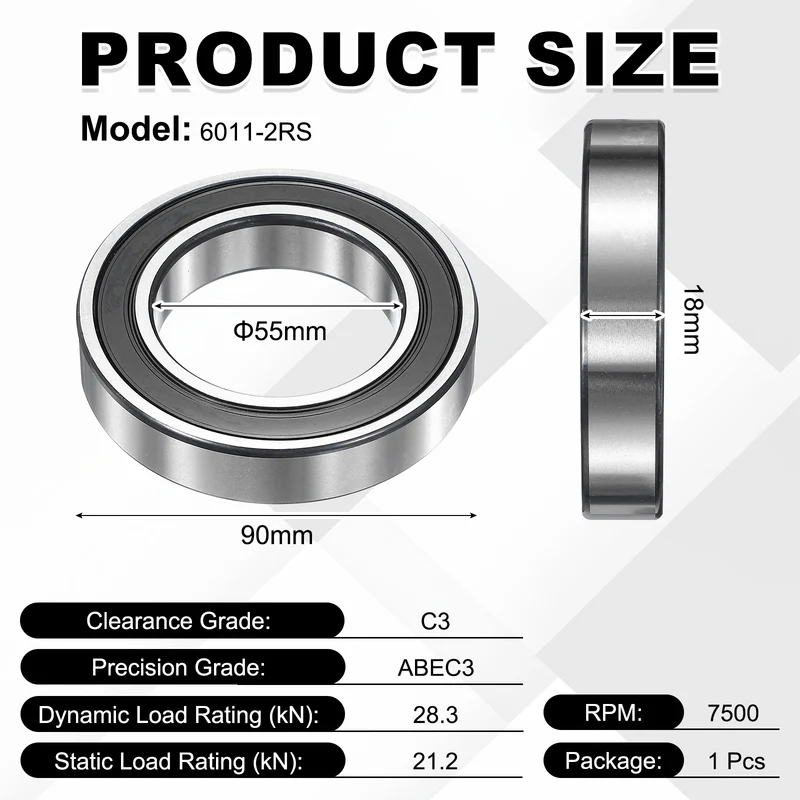 1Pcs 6011-2RS Deep Groove Ball Bearing, 55x90x18 mm Double Rubber Seal Bearing