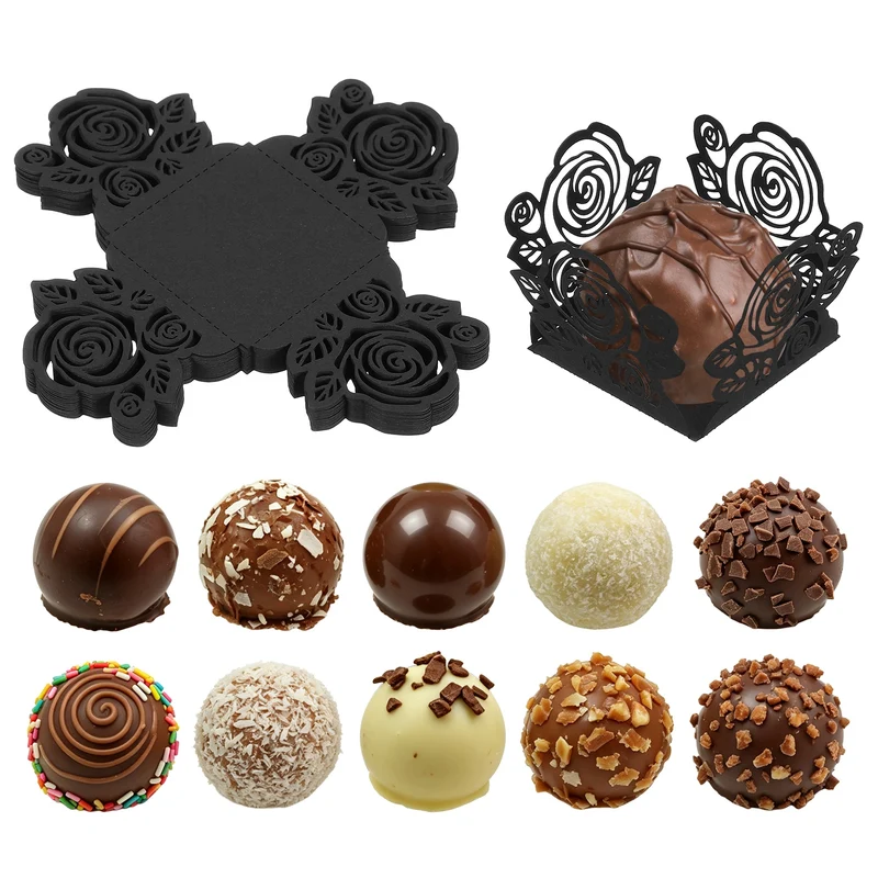 25Pcs 1.4x1.4" Rose Shape Truffle Wrapper Cupcake Liners for Decor, Black