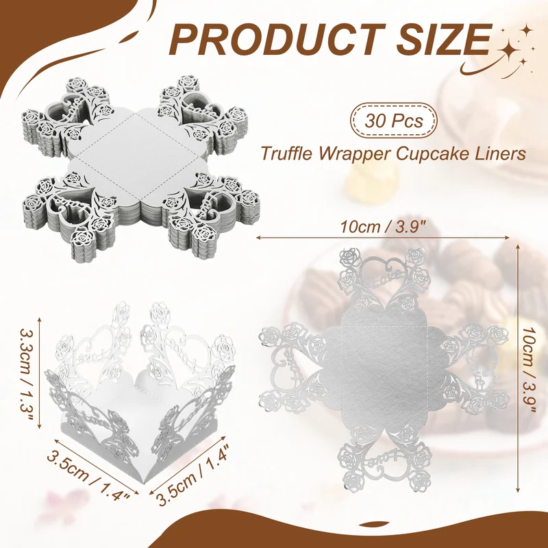 30Pcs 1.4x1.4" Love Rose Truffle Wrapper Cupcake Liners for Decor, Single Silver