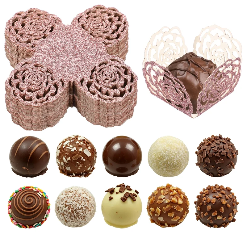 50Pcs 1.4x1.4" Glitter Rose Truffle Wrapper Cupcake Liners for Decor, Pink