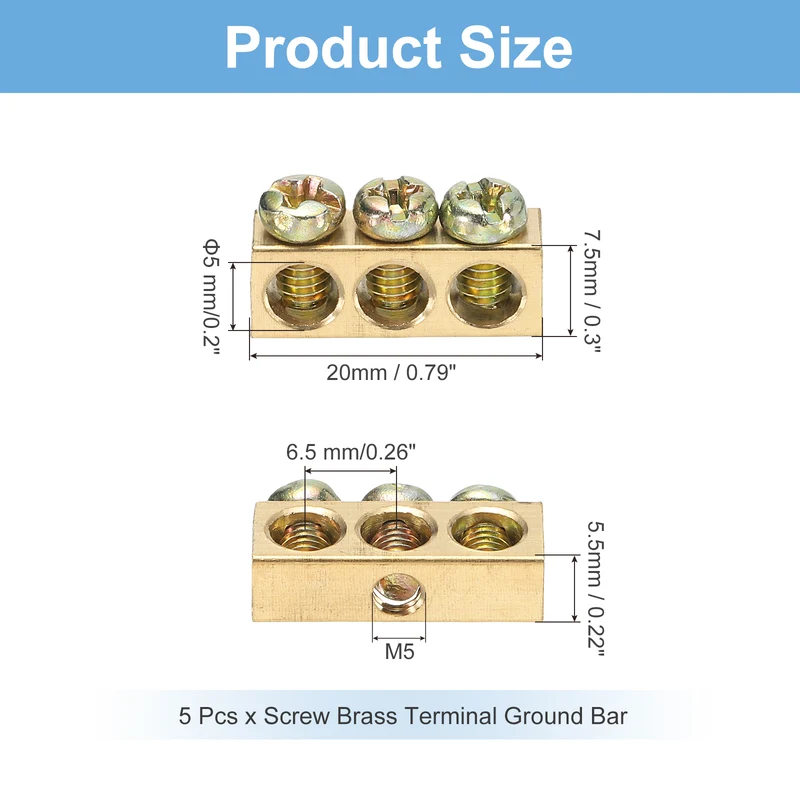 5 Pcs Terminal Ground Bar 3 Positions M4 20x5.5x7.5mm Screw Block Barrier Brass
