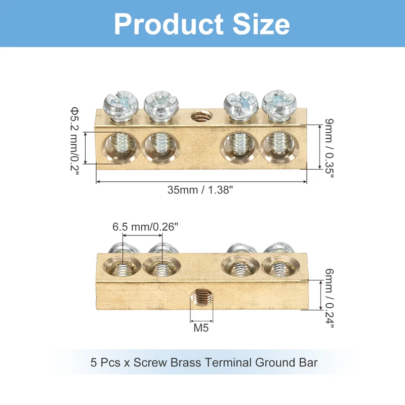 5 Pcs Terminal Ground Bar 4 Positions M4 35x6x9mm Screw Block Barrier Brass