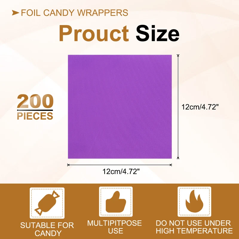 200 Pcs 5x5 Inch Foil Candy Wrappers Chocolate Wrapping Paper Light Purple