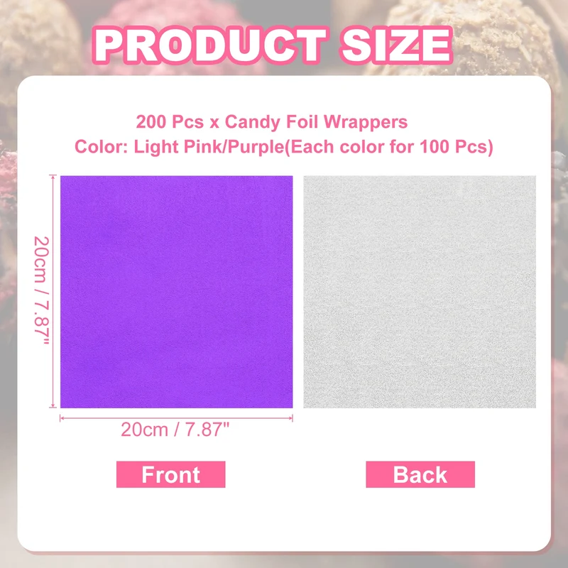 200 Pcs Candy Foil Wrappers, 7.87 x 7.87", Light Pink/Purple (Orange Peel)