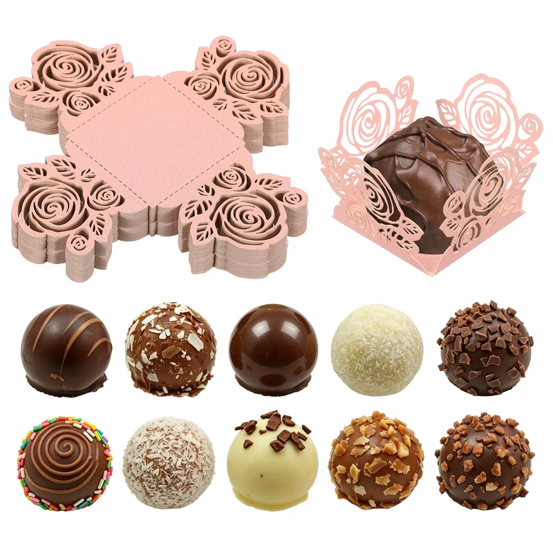 50Pcs 1.4x1.4" Rose Shape Truffle Wrapper Cupcake Liners for Decor, Pink
