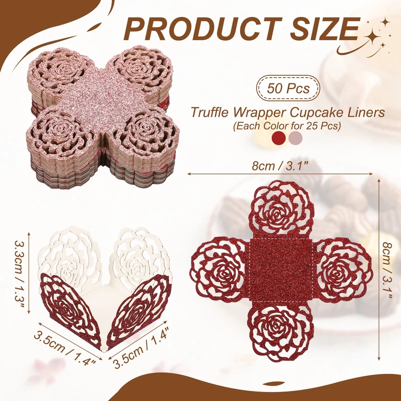 50Pcs 1.4x1.4" Glitter Rose Truffle Wrapper Cupcake Liners, Yellow/Pink