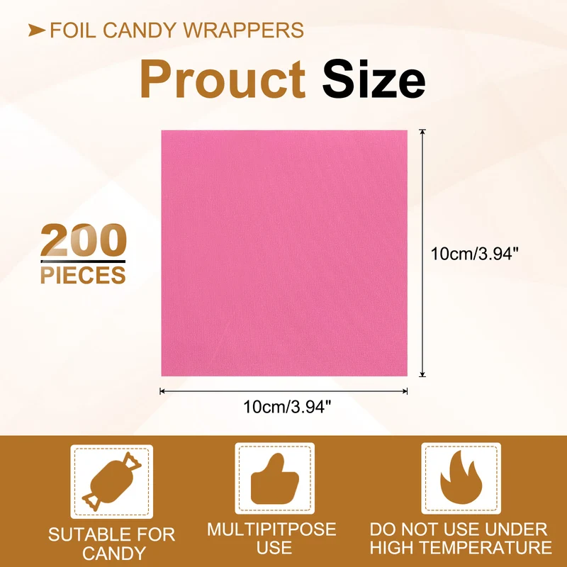 200 Pcs 4x4 Inch Foil Candy Wrappers Chocolate Wrapping Paper Light Pink