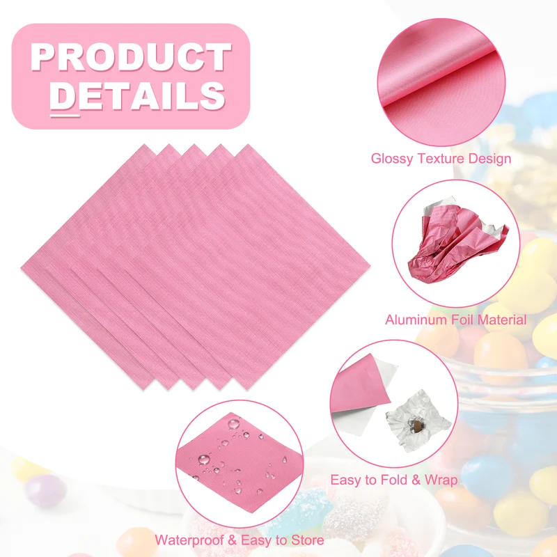 100 Pcs Candy Foil Wrappers, 4.7 x 4.7 Inch Chocolate Wrappers, Pink