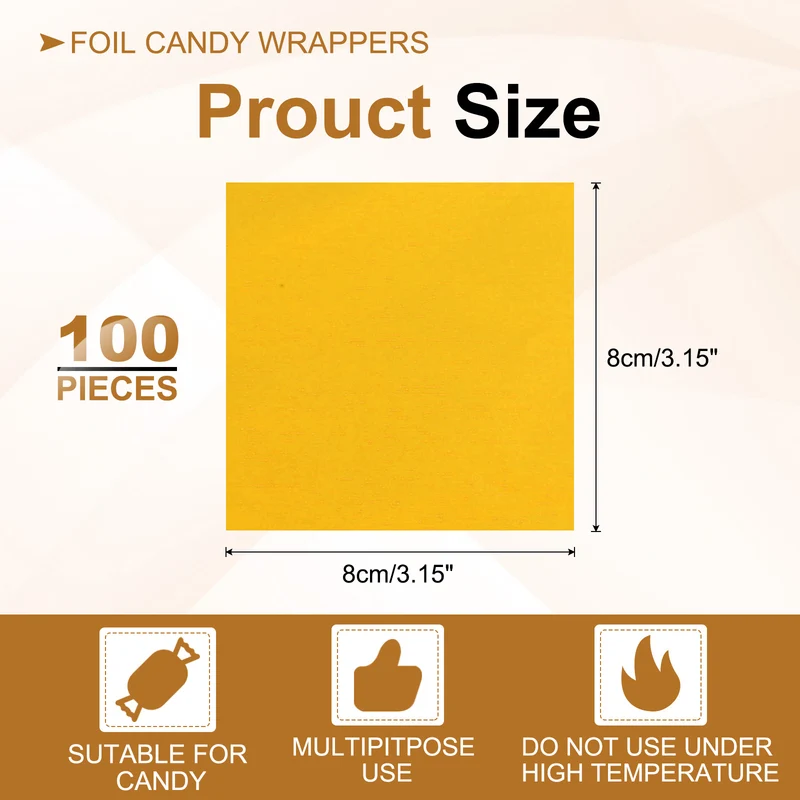 Foil Candy Wrappers 3x3 Inch, 100 Pcs Gold Glossy Paper for DIY Chocolate