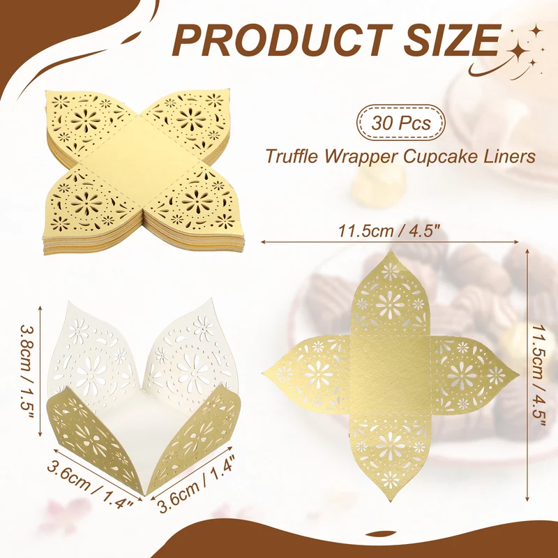 30Pcs 1.4x1.4" Snowflake Truffle Wrapper Cupcake Liners for Decor, Gold