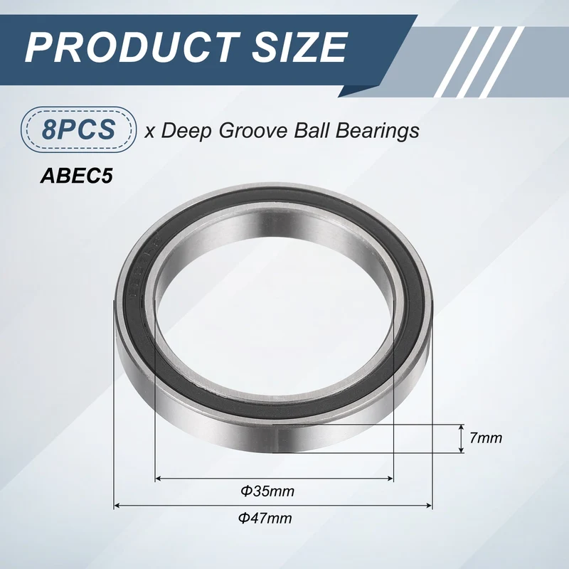 8Pcs 6807 2RS 35mmx47mmx7mm Rubber Shielded Deep Groove Ball Bearing, Black