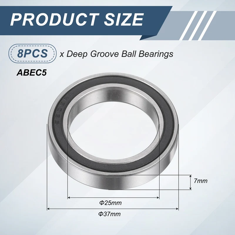 8Pcs 6805 2RS 25mmx37mmx7mm Rubber Shielded Deep Groove Ball Bearing, Black