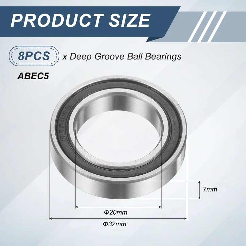 8Pcs 6804 2RS 20mmx32mmx7mm Rubber Shielded Deep Groove Ball Bearing, Black