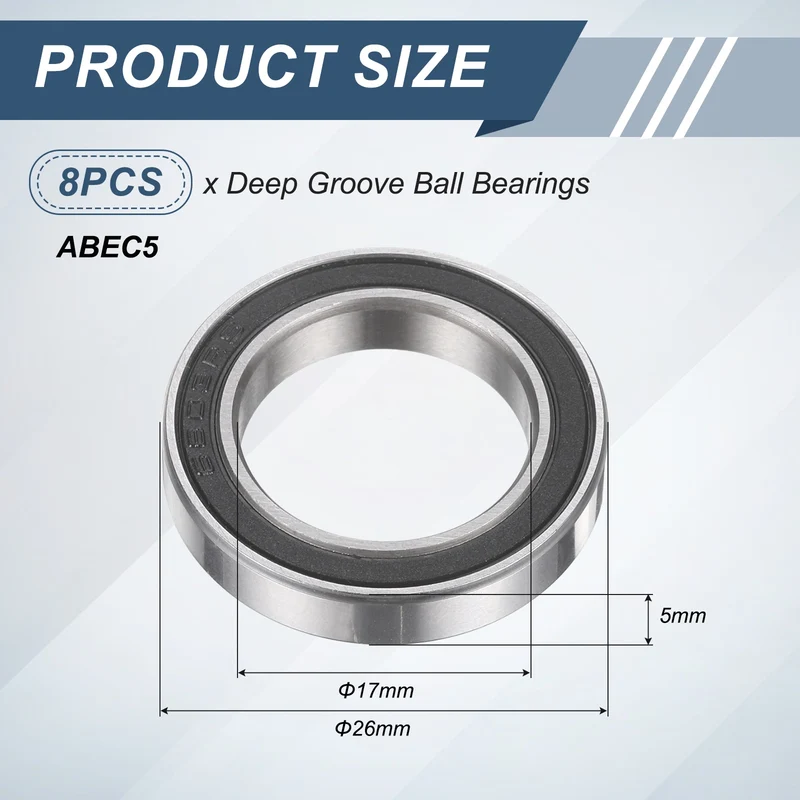 8Pcs 6803 2RS 17mmx26mmx5mm Rubber Shielded Deep Groove Ball Bearing, Black
