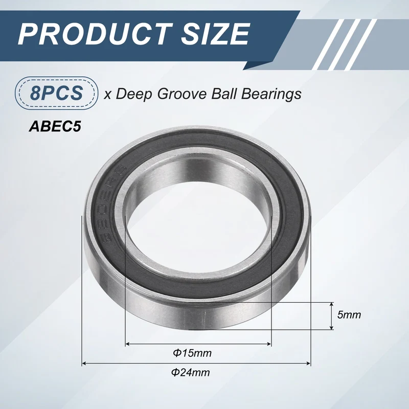 8Pcs 6802 2RS 15mmx24mmx5mm Rubber Shielded Deep Groove Ball Bearing, Black