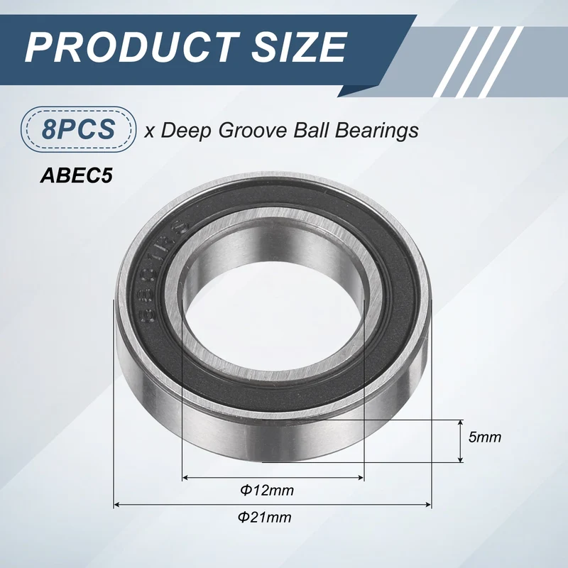 8Pcs 6801 2RS 12mmx21mmx5mm Rubber Shielded Deep Groove Ball Bearing, Black
