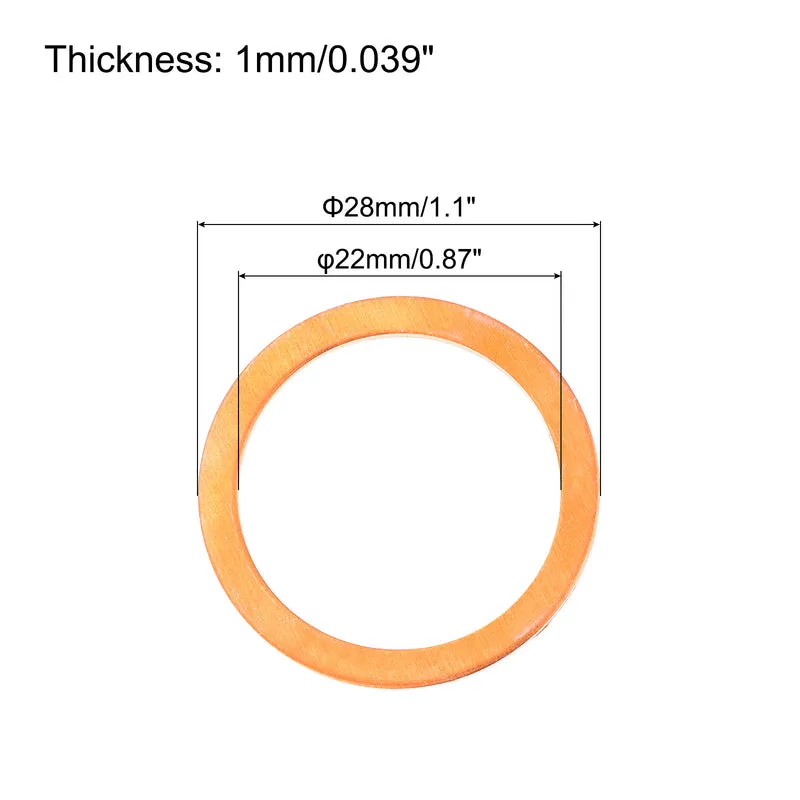 22 Pcs Flat Copper Washers 22x28x1mm Copper Flat Sealing Ring Washers
