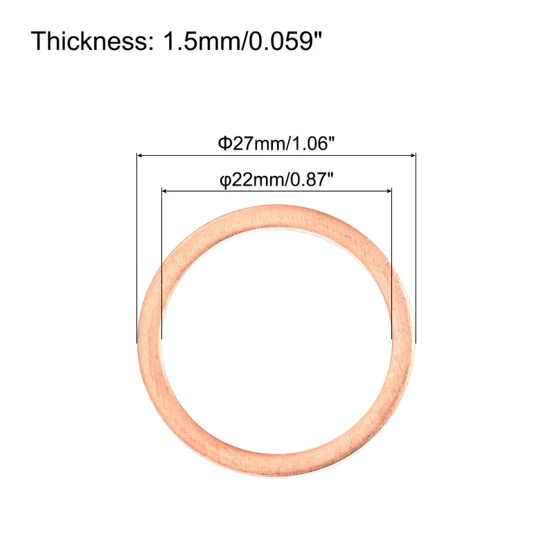 22 Pcs Flat Copper Washers 22x27x1.5mm Copper Flat Sealing Ring Washers