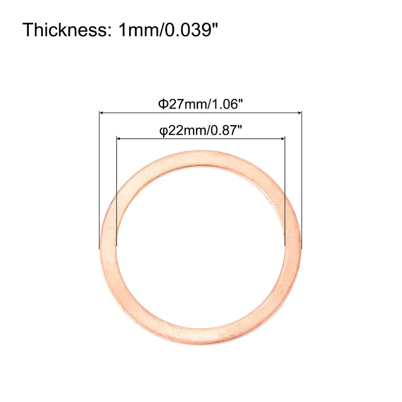 22 Pcs Flat Copper Washers 22x27x1mm Copper Flat Sealing Ring Washers