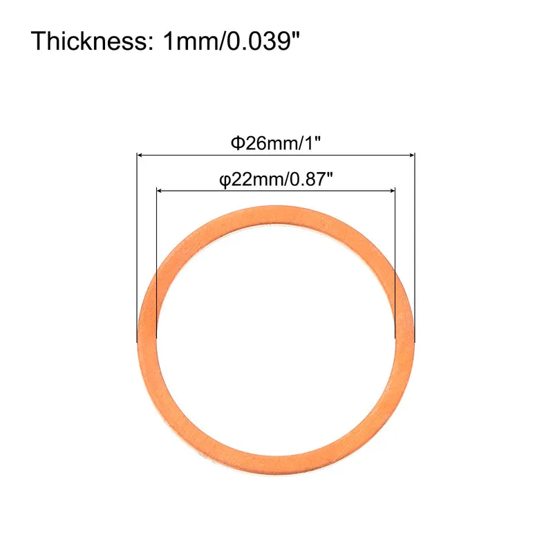 22 Pcs Flat Copper Washers 22x26x1mm Copper Flat Sealing Ring Washers