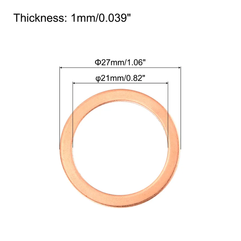 12 Pcs Flat Copper Washers 21x27x1mm Copper Flat Sealing Ring Washers