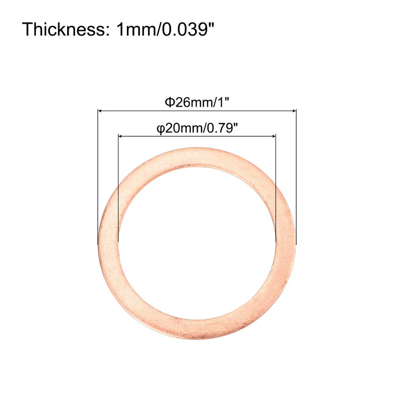 22 Pcs Flat Copper Washers 20x26x1mm Copper Flat Sealing Ring Washers