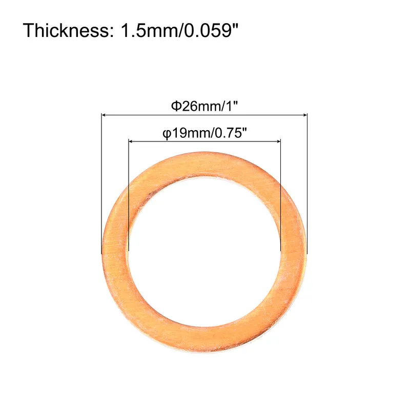 22 Pcs Flat Copper Washers 19x26x1.5mm Copper Flat Sealing Ring Washers