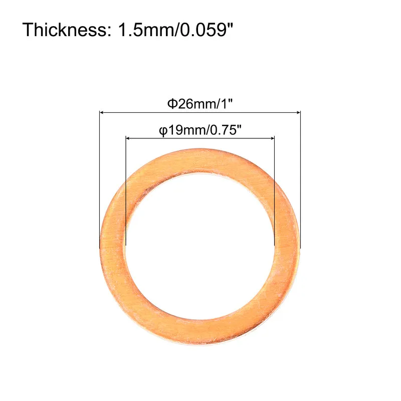 12 Pcs Flat Copper Washers 19x26x1.5mm Copper Flat Sealing Ring Washers