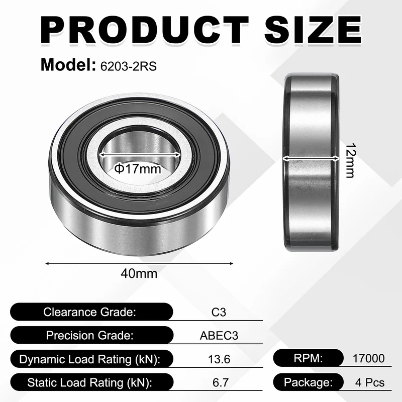 4Pcs 6203-2RS Deep Groove Ball Bearing, 17x40x12 mm Double Rubber Seal Bearing