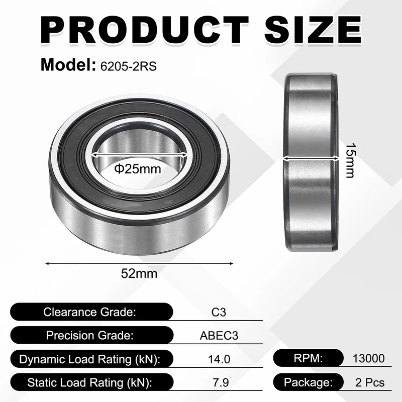 2Pcs 6205-2RS Deep Groove Ball Bearing, 25x52x15 mm Double Rubber Seal Bearing