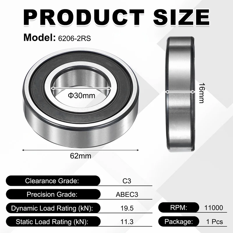 1Pcs 6206-2RS Deep Groove Ball Bearing, 30x62x16 mm Double Rubber Seal Bearing