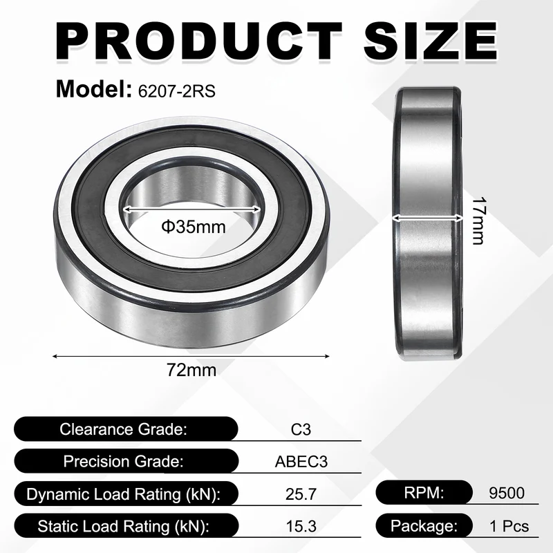 1Pcs 6207-2RS Deep Groove Ball Bearing, 35x72x17 mm Double Rubber Seal Bearing