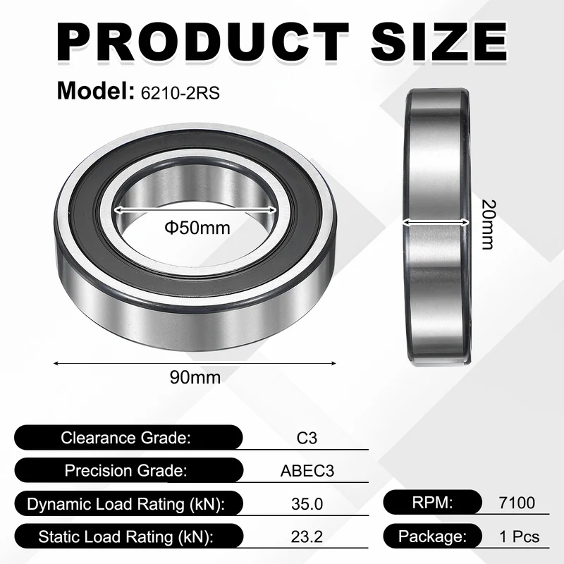 1Pcs 6210-2RS Deep Groove Ball Bearing, 50x90x20 mm Double Rubber Seal Bearing
