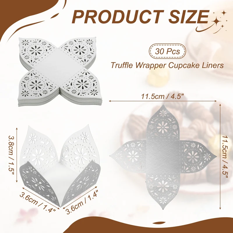 30Pcs 1.4x1.4" Snowflake Truffle Wrapper Cupcake Liners for Decor, Silver