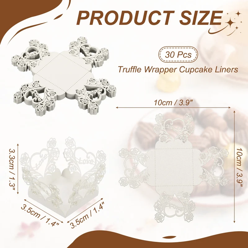 30Pcs 1.4x1.4" Love Rose Truffle Wrapper Cupcake Liners for Decor, White