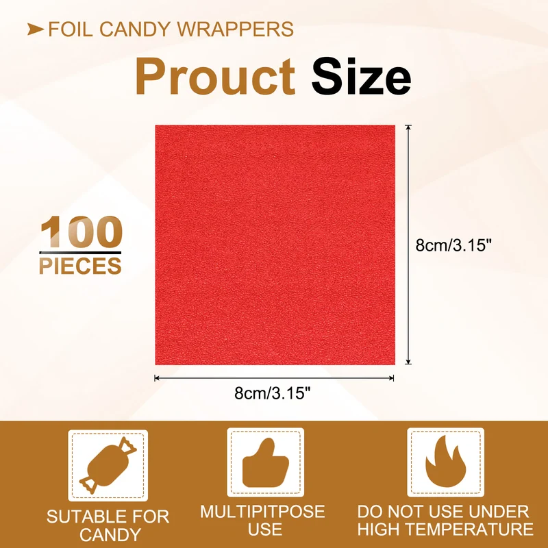 Foil Candy Wrappers 3x3 Inch, 100 Pcs Red Orange Pattern Paper for Candy