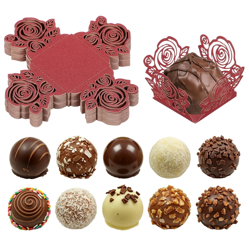 50Pcs 1.4x1.4" Rose Shape Truffle Wrapper Cupcake Liners for Decor, Red