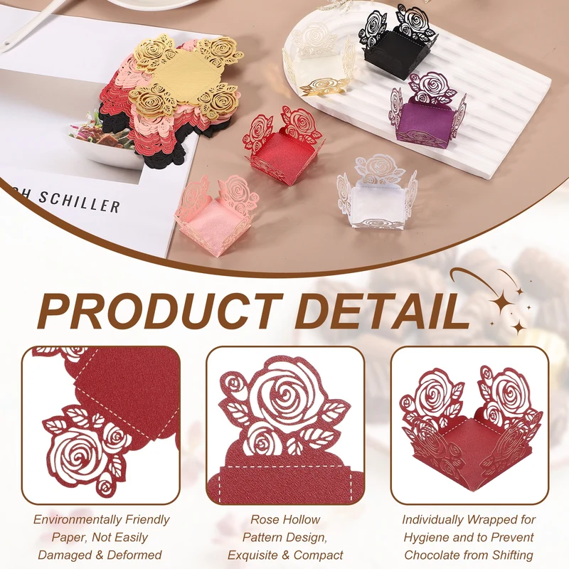 50Pcs 1.4x1.4" Rose Shape Truffle Wrapper Cupcake Liners for Decor, Red
